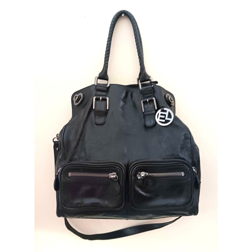 Elliott Lucca Blk Leather Lg Tote w Crossbody Chunky Silver Hardware Pockets